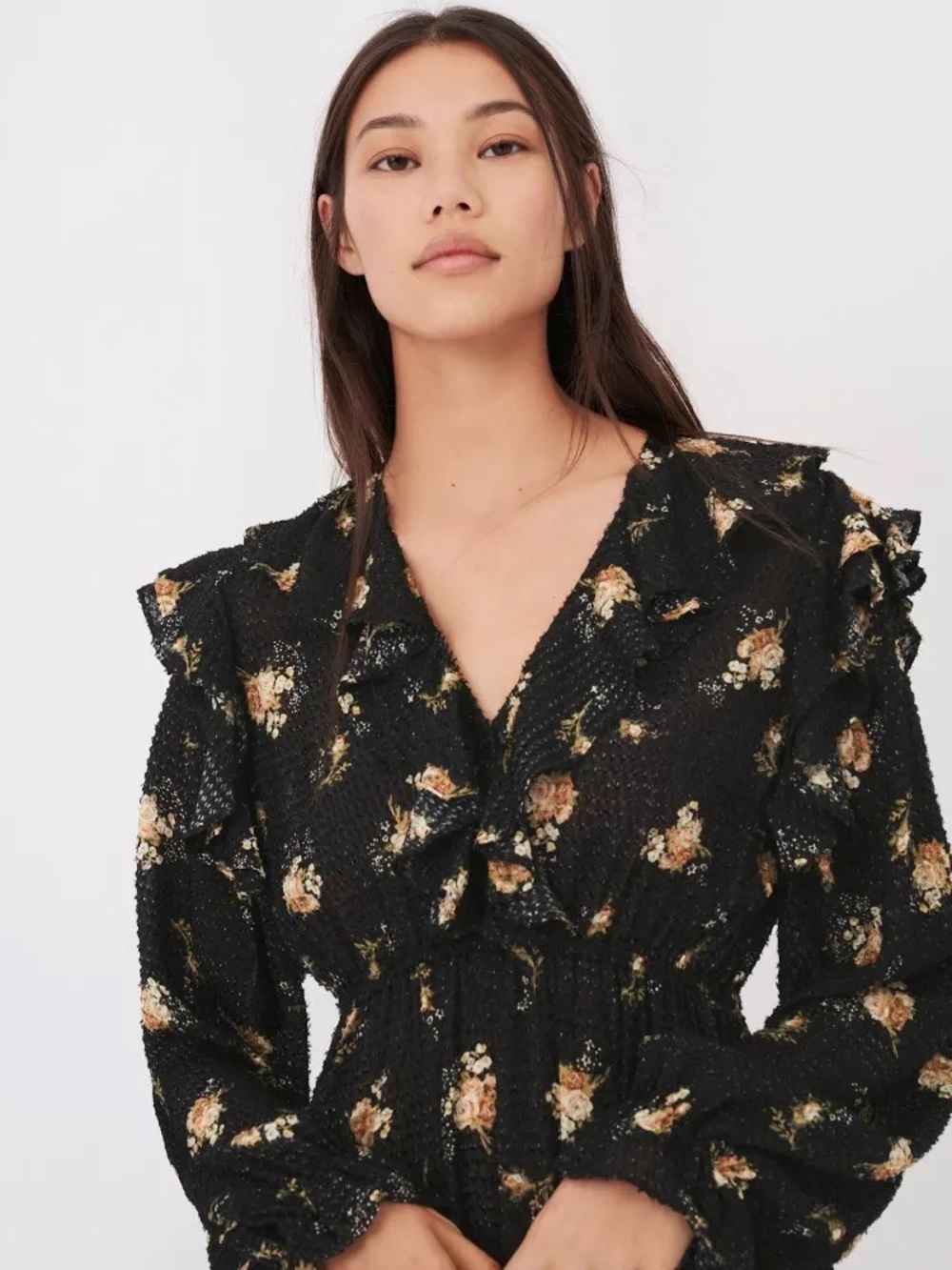 NWT Maje Rider Ruffle Floral Print Midi Dress Black Size 36 Small